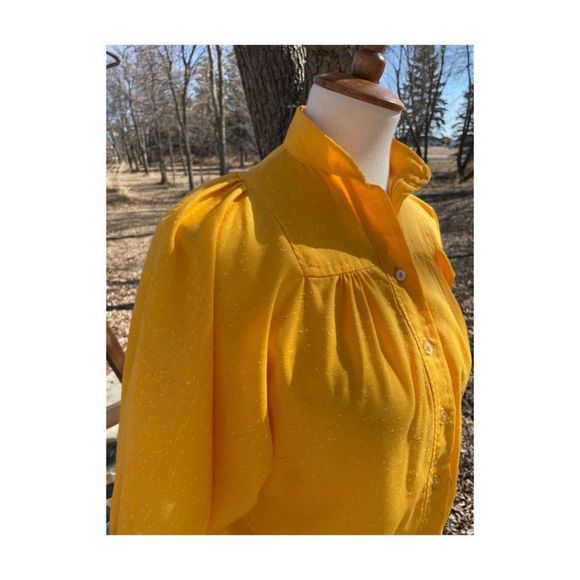 Vintage | 70s Saffron Slubbed Blouse Balloon Sleeve Mock Collar Sz 5 S/M - Picture 4 of 11